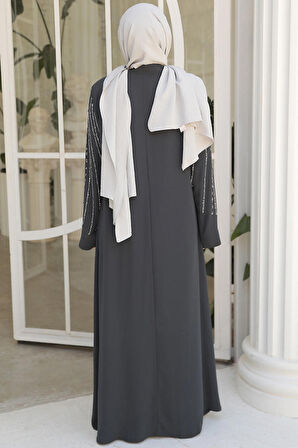 Boncuk İşlemeli Füme Tesettür Abaya 29111FU