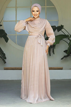 Drape Detaylı Pudra Tesettür Elbise 44591PD