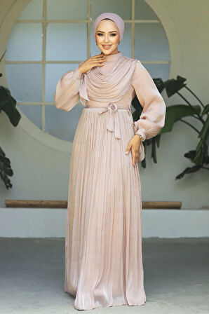 Drape Detaylı Pudra Tesettür Elbise 44591PD