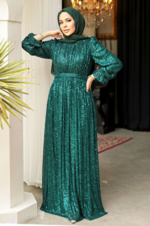 Payetli Yeşil Tesettür Abiye Elbise 44961Y