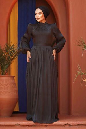 Balon Kol Siyah Tesettür Abiye Elbise 45191S
