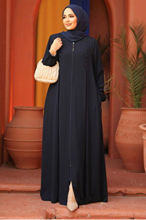 Fermuarlı Lacivert Tesettür Abaya 45282L