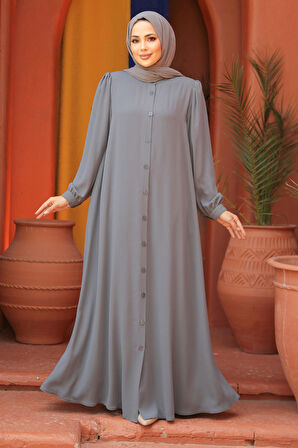 Düğmeli Gri Tesettür Abaya 45283GR