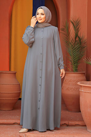 Düğmeli Gri Tesettür Abaya 45283GR