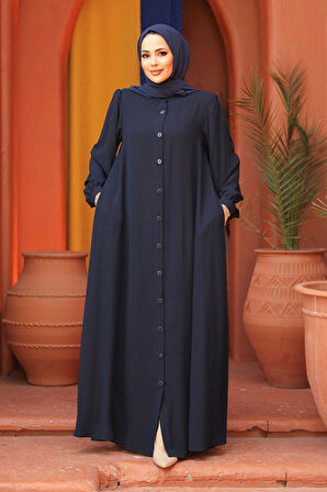 Düğmeli Lacivert Tesettür Abaya 45283L