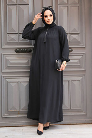 Fermuarlı Siyah Tesettür Abaya 60971S