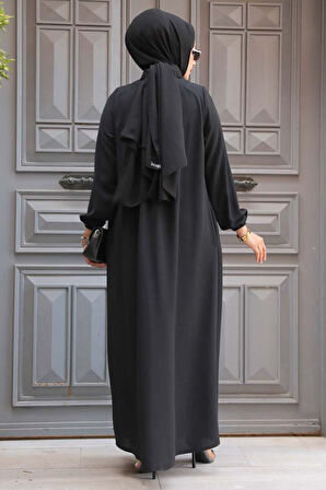 Fermuarlı Siyah Tesettür Abaya 60971S