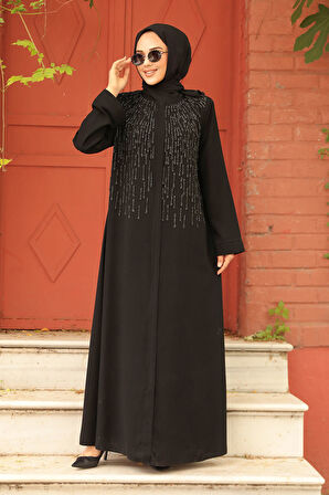Boncuk İşlemeli Siyah Tesettür Abaya 29106S