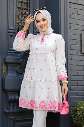 Desenli Pembe Tesettür Tunik 13821P