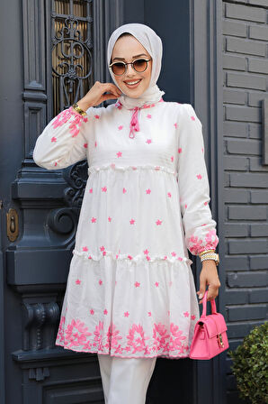 Desenli Pembe Tesettür Tunik 13821P