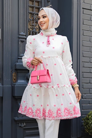 Desenli Pembe Tesettür Tunik 13821P