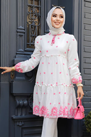 Desenli Pembe Tesettür Tunik 13821P