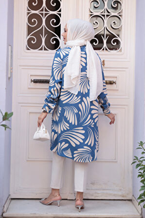 Desenli İndigo Mavisi Tesettür Viskon Tunik 11630IM