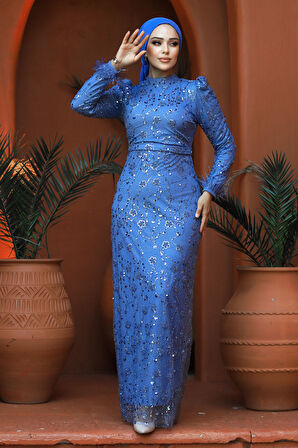 Boncuk İşlemeli İndigo Mavisi Tesettür Abiye Elbise 52061IM