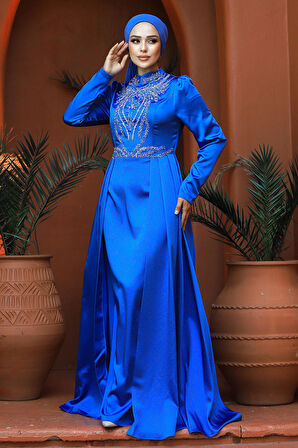 Kuyruklu Mavi Tesettür Saten Abiye Elbise 25878M