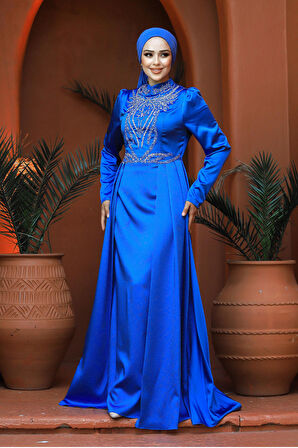 Kuyruklu Mavi Tesettür Saten Abiye Elbise 25878M