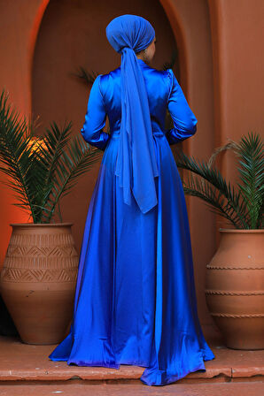 Kuyruklu Mavi Tesettür Saten Abiye Elbise 25878M