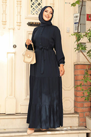 Kat Piliseli Lacivert Tesettür Elbise 22042L