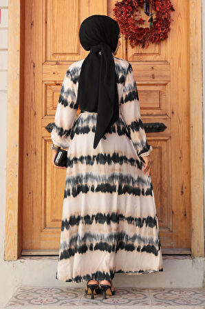 Desenli Siyah Tesettür Elbise 23551S