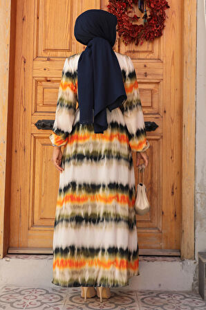 Desenli Haki Tesettür Elbise 23551HK