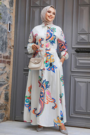 Desenli Ekru Tesettür Elbise 23441E