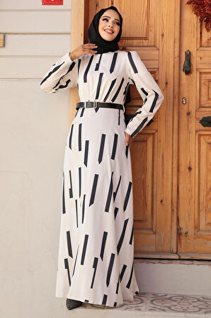 Desenli Siyah Tesettür Elbise 4645S