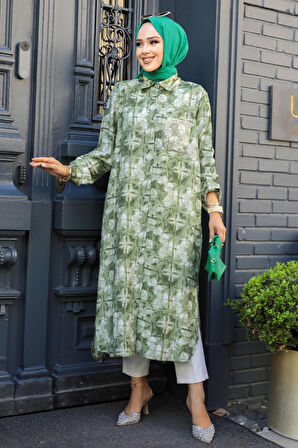 Desenli Haki Tesettür Tunik 10539HK