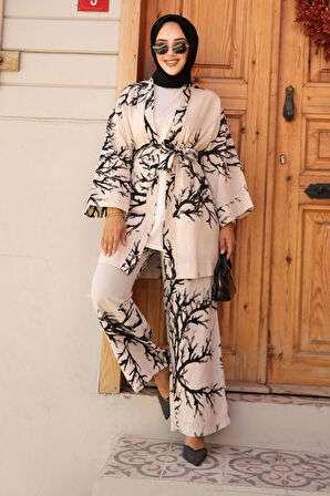 Desenli Siyah Tesettür İkili Kimono Takım 12121S