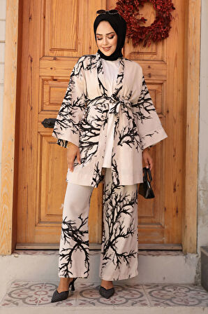 Desenli Siyah Tesettür İkili Kimono Takım 12121S
