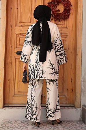 Desenli Siyah Tesettür İkili Kimono Takım 12121S