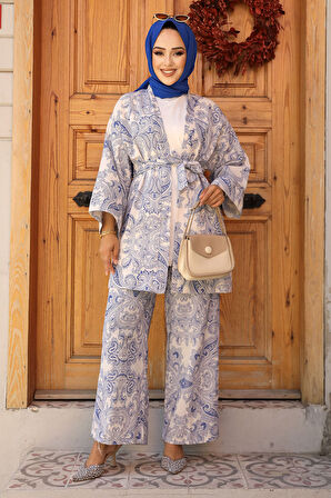 Desenli İndigo Mavisi Tesettür İkili Kimono Takım 12122IM