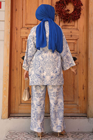 Desenli İndigo Mavisi Tesettür İkili Kimono Takım 12122IM