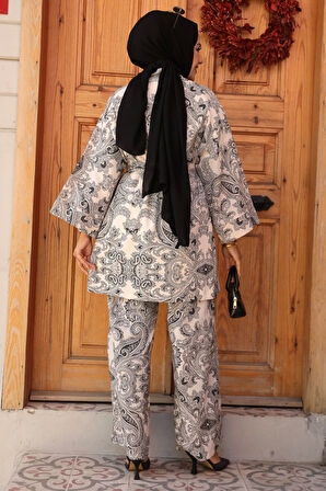 Desenli Siyah Tesettür İkili Kimono Takım 12122S