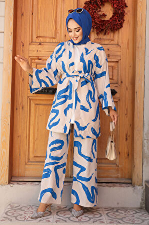Desenli İndigo Mavisi Tesettür İkili Kimono Takım 12123IM