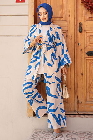 Desenli İndigo Mavisi Tesettür İkili Kimono Takım 12123IM