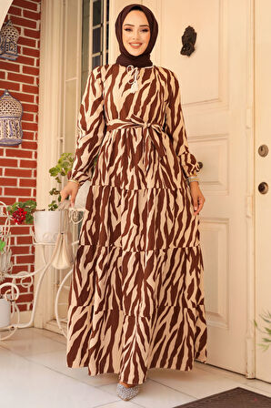 Desenli Kahverengi Tesettür Elbise 23141KH