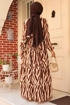 Desenli Kahverengi Tesettür Elbise 23141KH