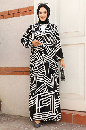 Desenli Beyaz Tesettür Elbise 23583B