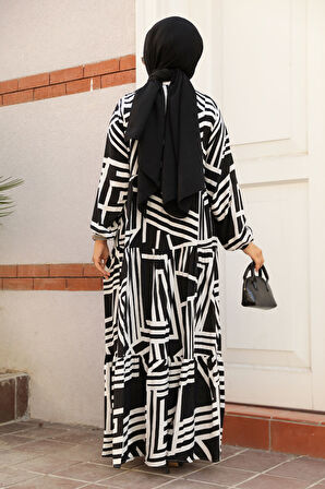 Desenli Beyaz Tesettür Elbise 23583B