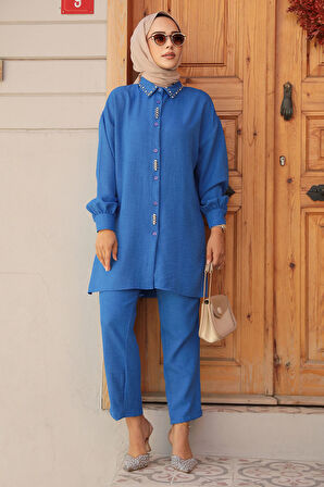 Boncuk İşlemeli İndigo Mavisi Tesettür İkili Takım 16701IM