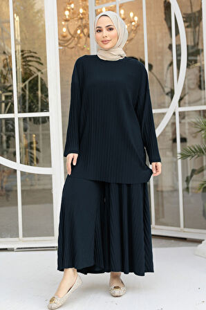 Pileli Lacivert Tesettür İkili Takım 12107L