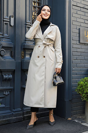 Düğmeli Bej Tesettür Trençkot 6103BEJ