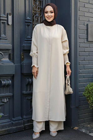 Çizgili Bej Tesettür İkili Takım 14236BEJ