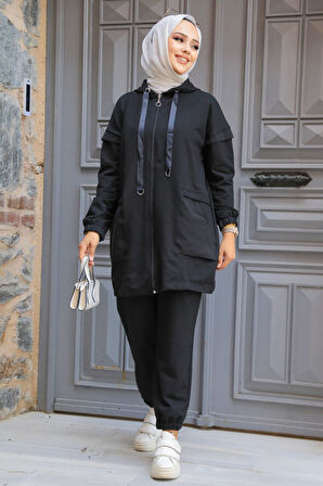 Kapşonlu Siyah Tesettür İkili Takım 20072S