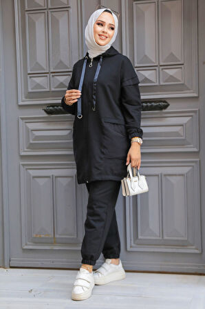 Kapşonlu Siyah Tesettür İkili Takım 20072S