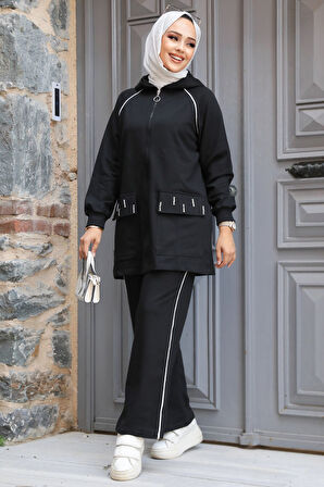 Kapşonlu Siyah Tesettür İkili Takım 20113S