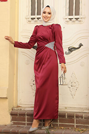 Drape Detaylı Bordo Tesettür Saten Abiye Elbise 5940BR