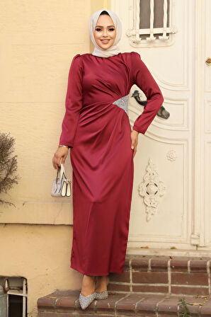Drape Detaylı Bordo Tesettür Saten Abiye Elbise 5940BR