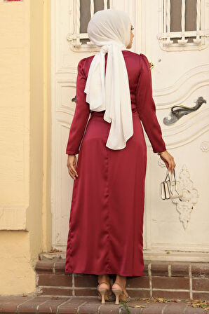 Drape Detaylı Bordo Tesettür Saten Abiye Elbise 5940BR