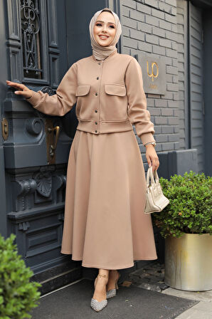 Düğmeli Bisküvi Tesettür Etekli İkili Takım 12261BS
